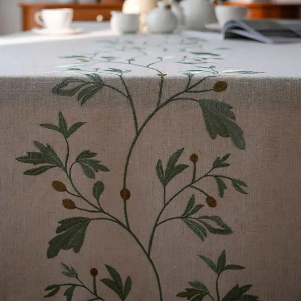 Embroidered Botanical Vine Linen-Look Tablecloth