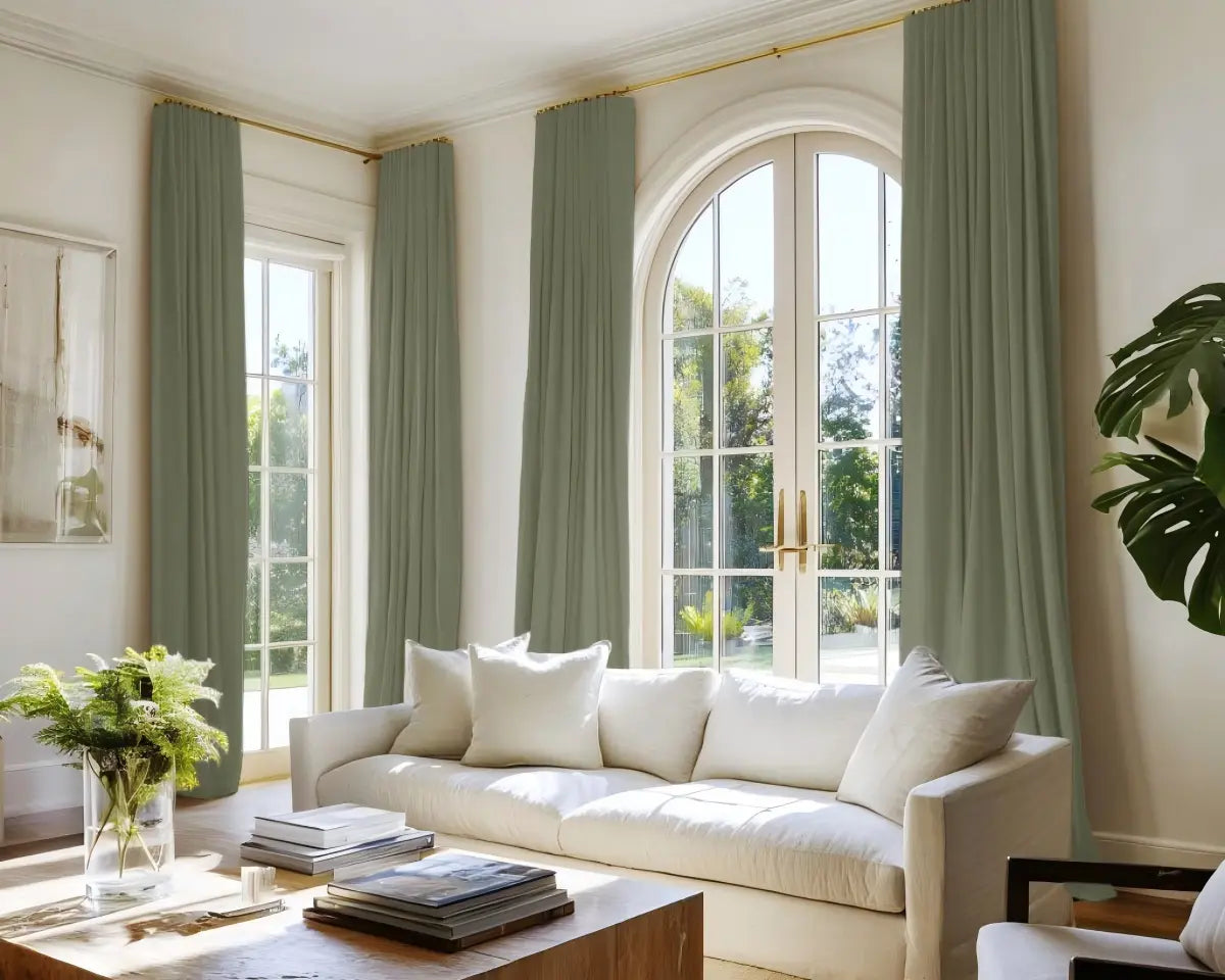 Sage green floor-length curtains framing tall arched windows in a bright living room with a cream sofa and wooden coffee table.