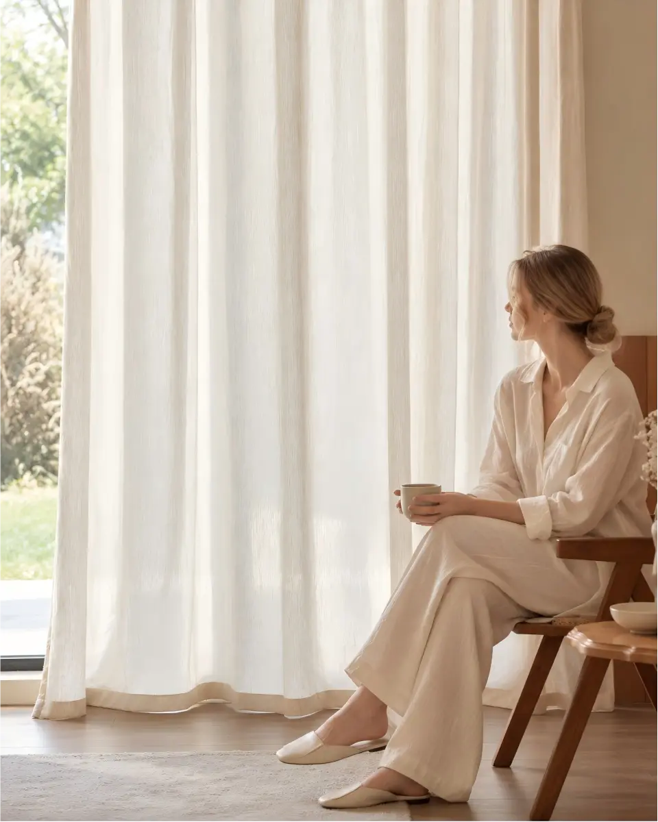 Ivory linen mix curtains filtering sunlight beside a woman seated in a wooden chair