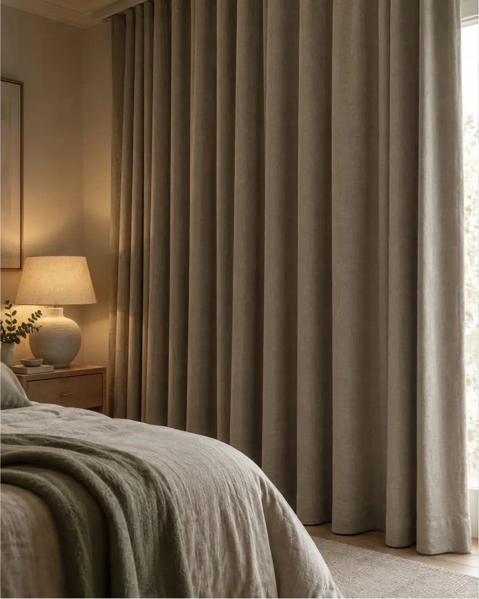 Taupe blackout curtains beside a beige bed in a softly lit bedroom