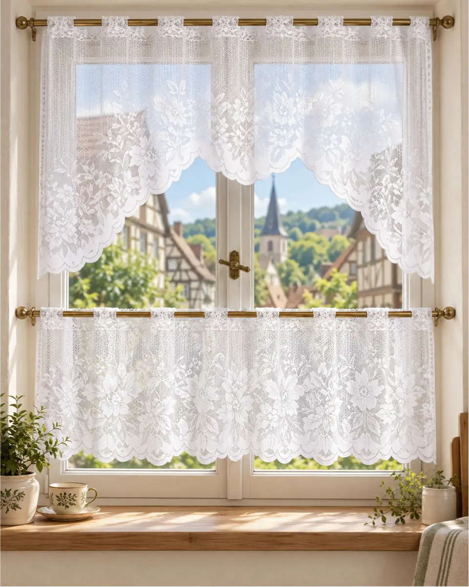 White floral lace cafe curtains with a matching scalloped valance on a kitchen window