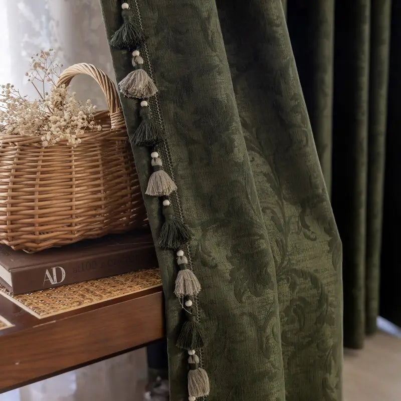Vintage Olive Green Floral Jacquard Custom Curtains