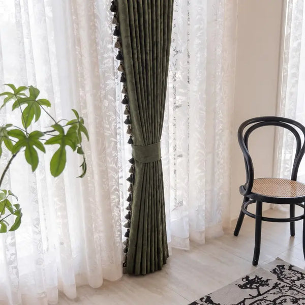 Vintage Olive Green Floral Jacquard Custom Curtains