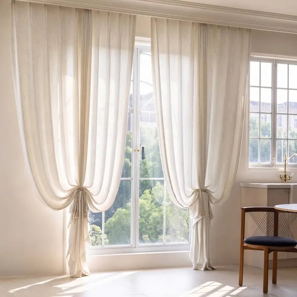 French Leaf Jacquard Linen Blend Semi-Sheer Curtains