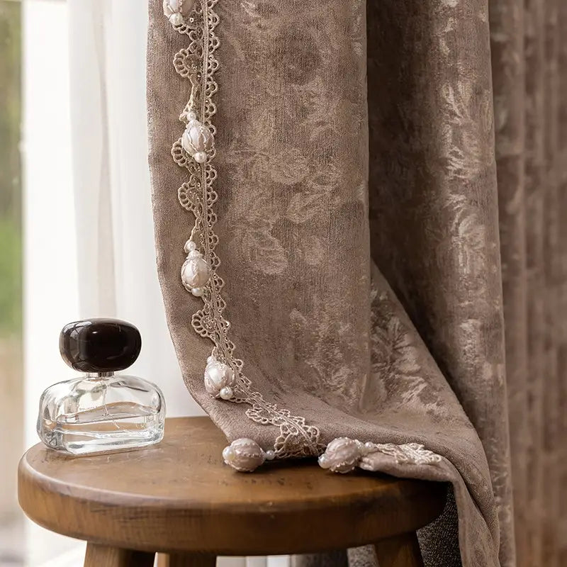 French Vintage Monet Rose Chenille Curtains