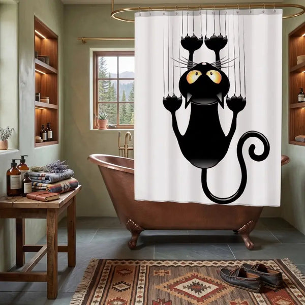 Funny Scratching Black Cat Shower Curtain