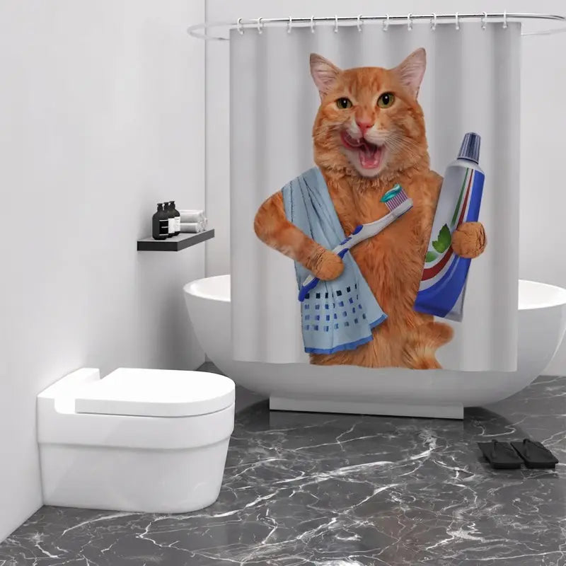 Floraweg Funny Ginger Cat Brushing Teeth Shower Curtain Main image