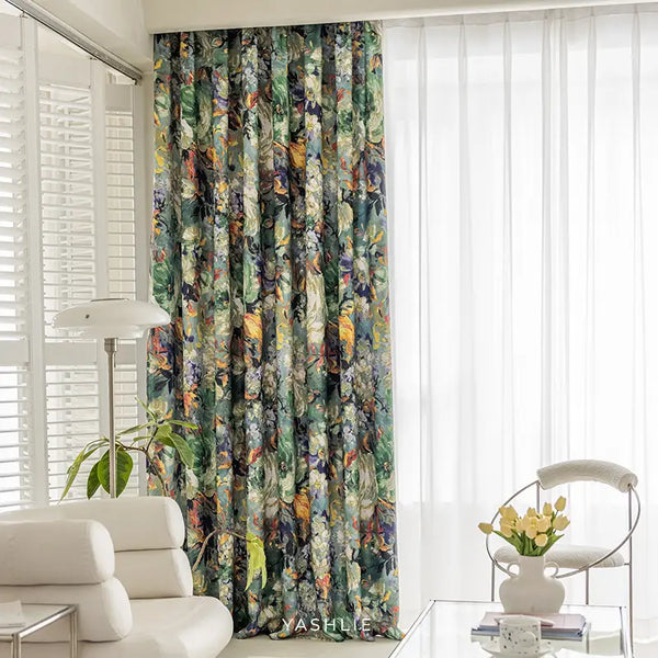 French Vintage Green Oil Painting Floral Curtains