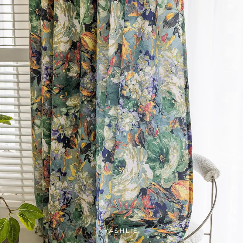 French Vintage Green Oil Painting Floral Curtains