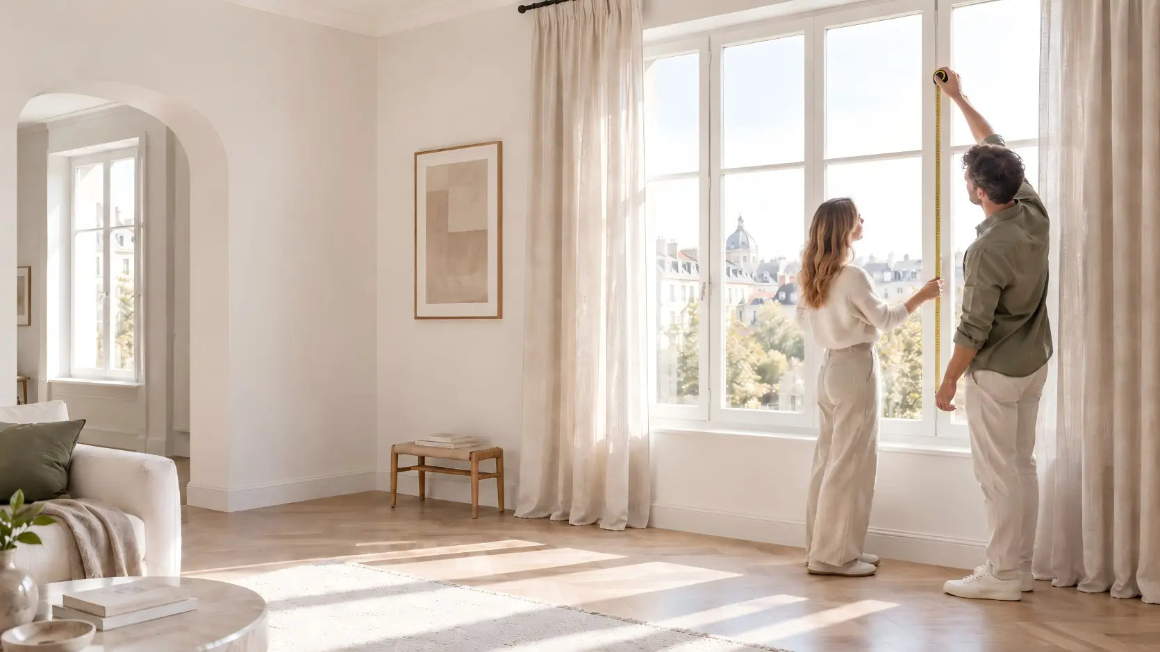 Two people measuring a window with a tape measure in a bright living room with beige curtains.