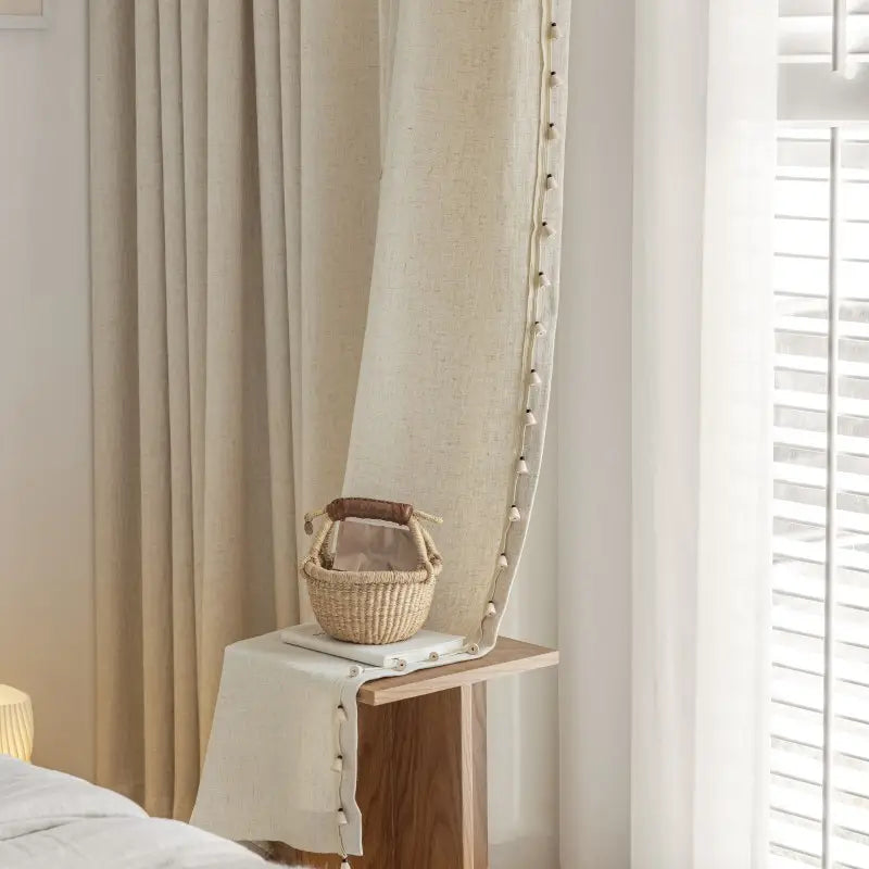 Bamboo Slub  Curtains with Wood Bead Tassel Trim