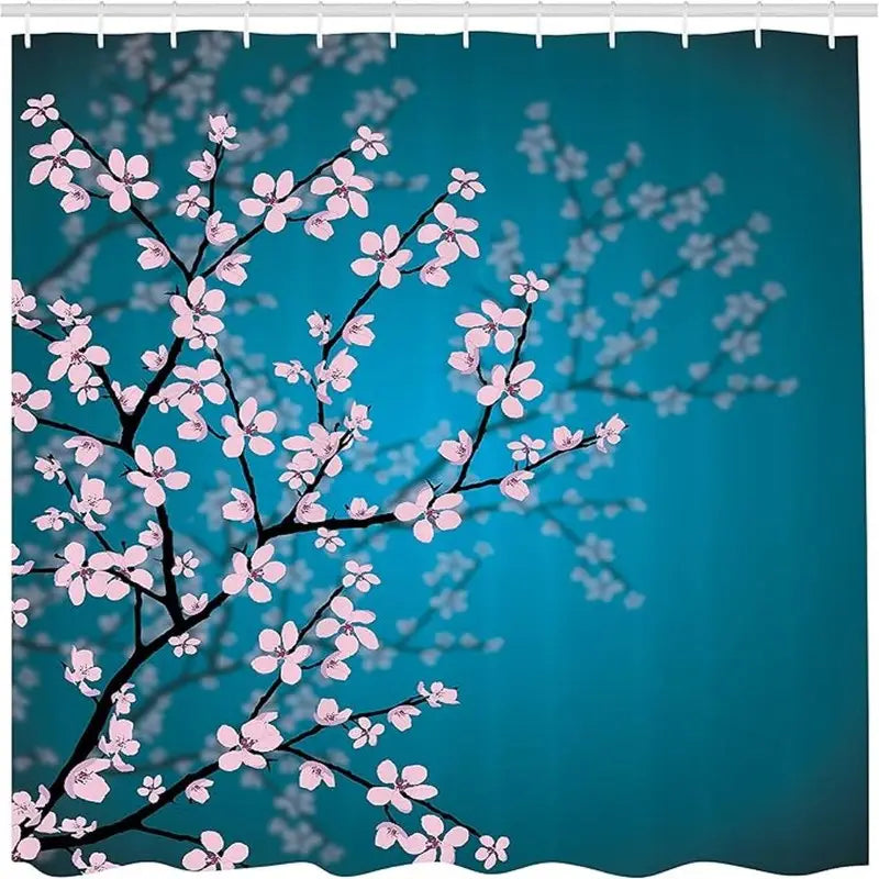 Floraweg Pink Cherry Blossom on Teal Blue Shower Curtain Secondary image