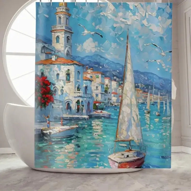 Floraweg Mediterranean Coastal Town & Sailboat Shower Curtain Main image