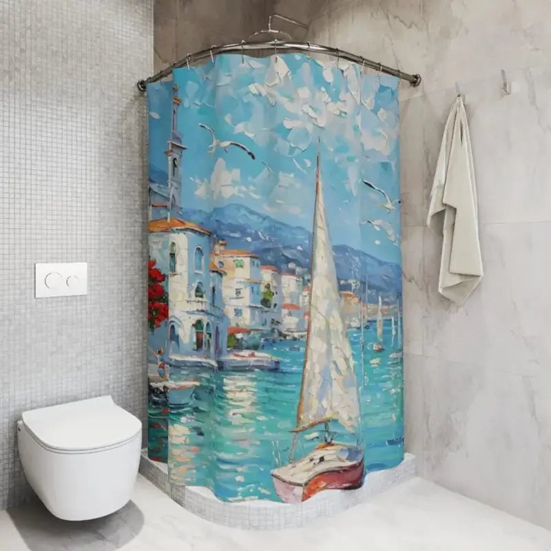 Floraweg Mediterranean Coastal Town & Sailboat Shower Curtain