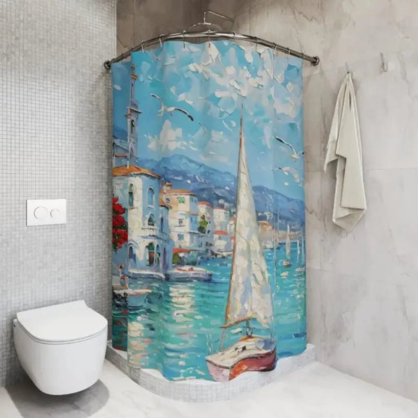 Floraweg Mediterranean Coastal Town & Sailboat Shower Curtain