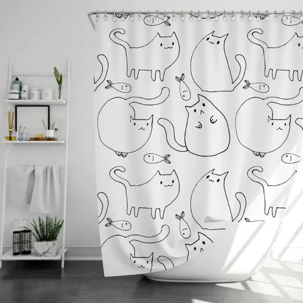 Floraweg Funny Cat Line Art & Fish Pattern Shower Curtain