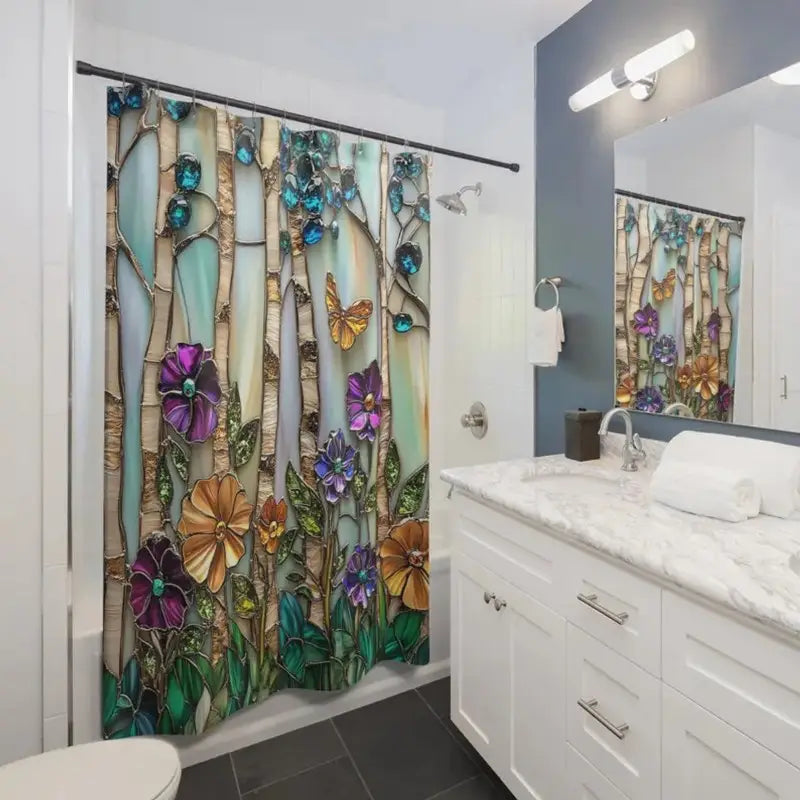 Floraweg Stained Glass Birch Trees & Butterfly Shower Curtain Secondary image