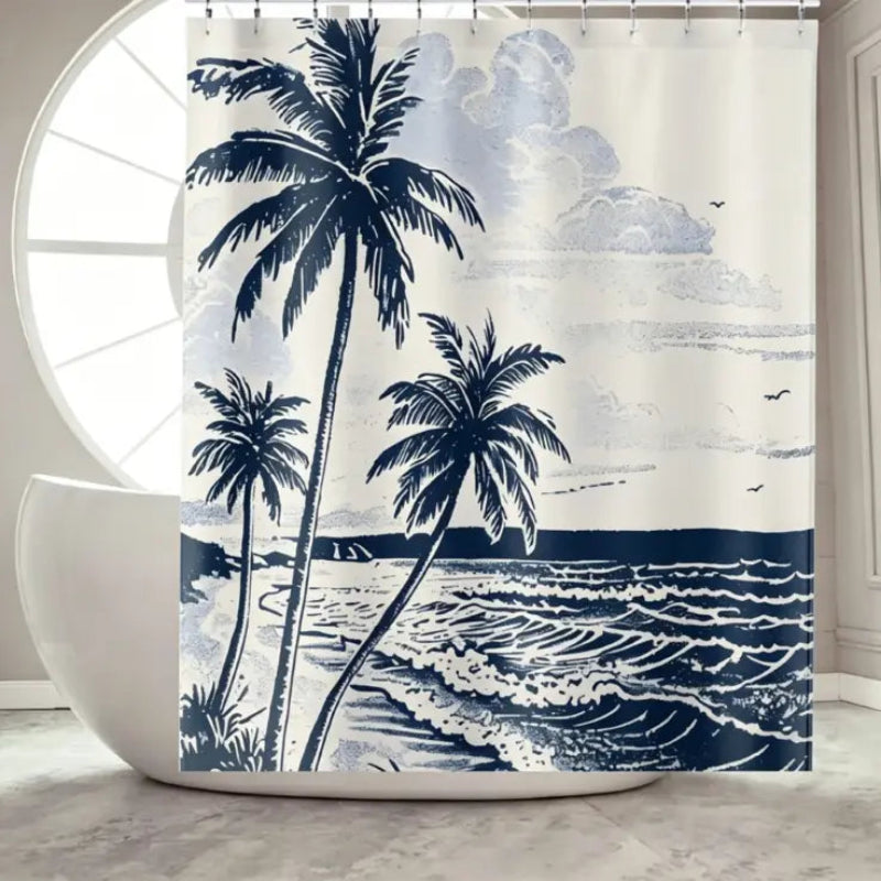 Floraweg Navy Palm Trees Beach Shower Curtain