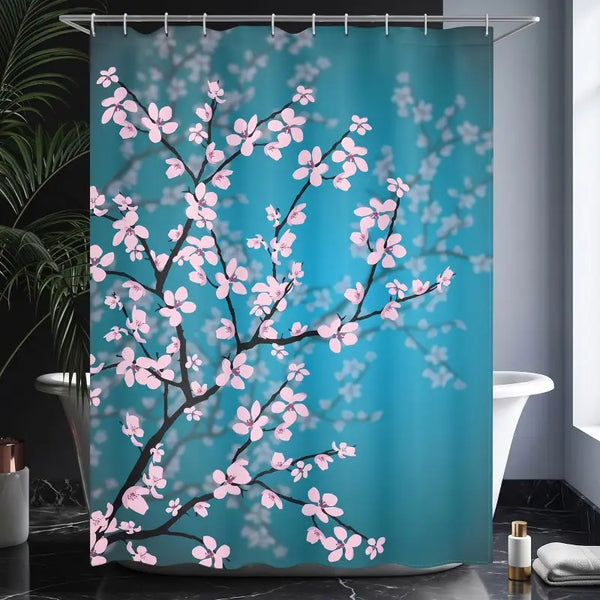 Floraweg Pink Cherry Blossom on Teal Blue Shower Curtain