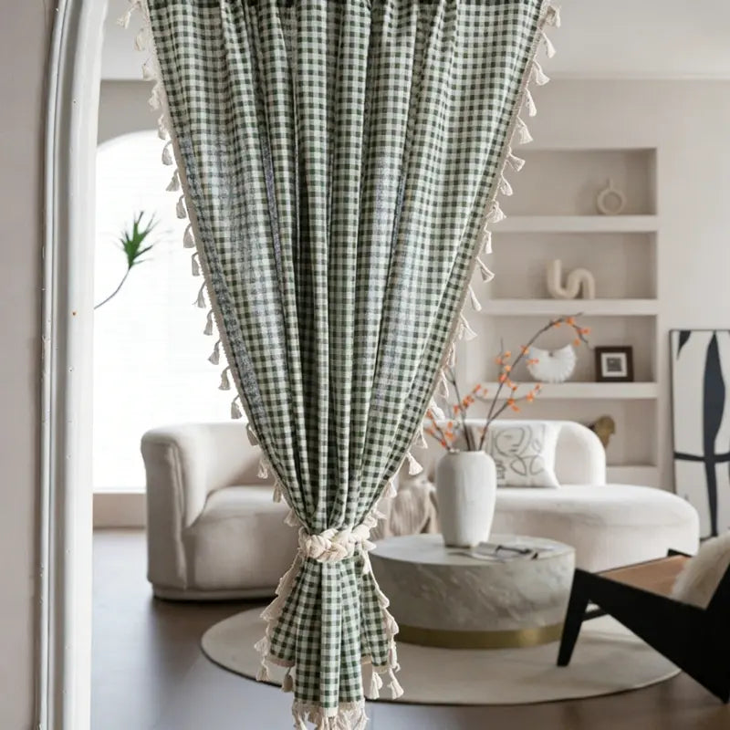 Sage Green Gingham Checkered Curtains