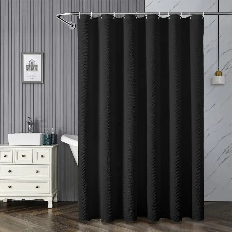 Floraweg Solid Black Herringbone Textured Fabric Shower Curtain