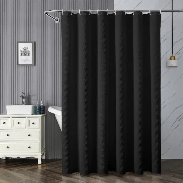 Floraweg Solid Black Herringbone Textured Fabric Shower Curtain