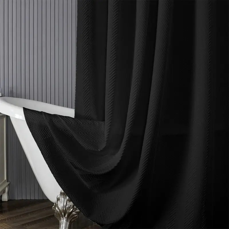 Floraweg Solid Black Herringbone Textured Fabric Shower Curtain