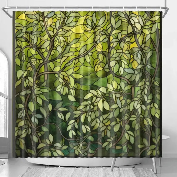 Floraweg Stained Glass Green Leaves Shower Curtain