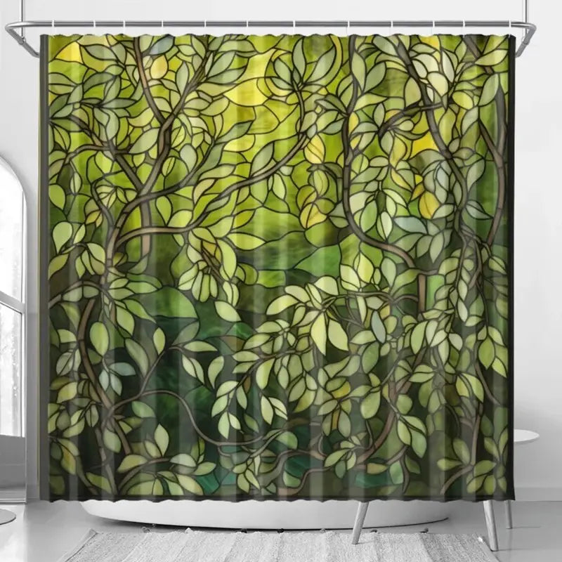 Floraweg Stained Glass Green Leaves Shower Curtain Main image