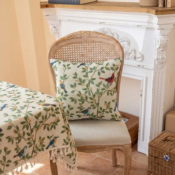 French Country Botanical Birds Jacquard Pillow Cover