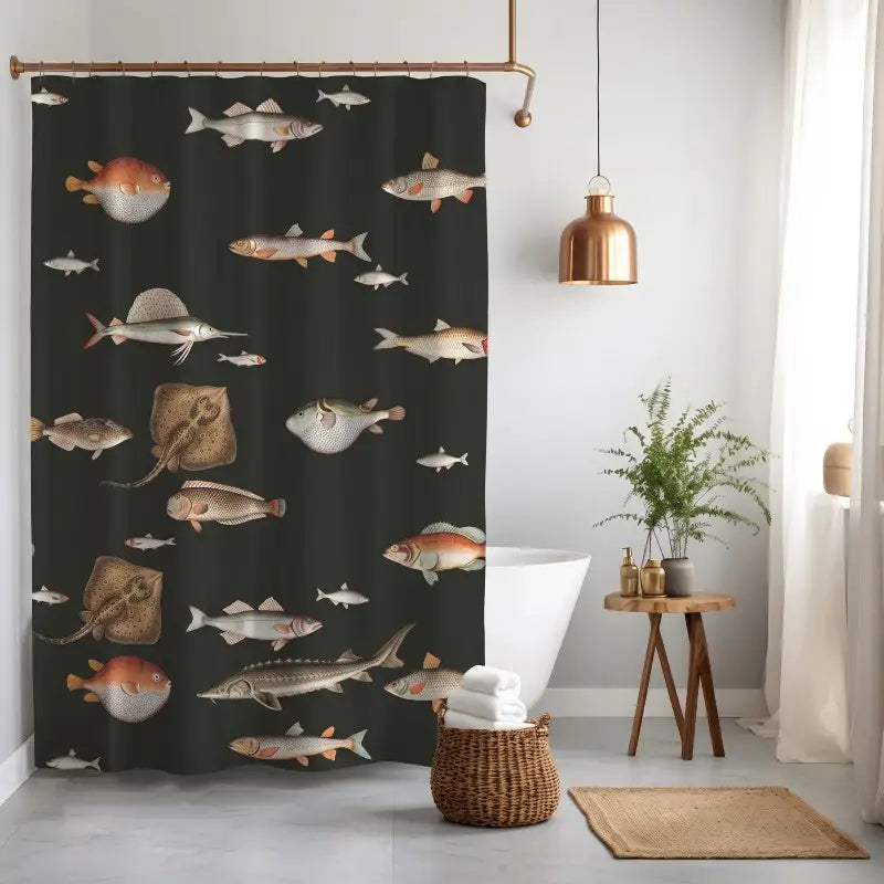 Floraweg Vintage Dark Marine Fish Illustration Shower Curtain Main image