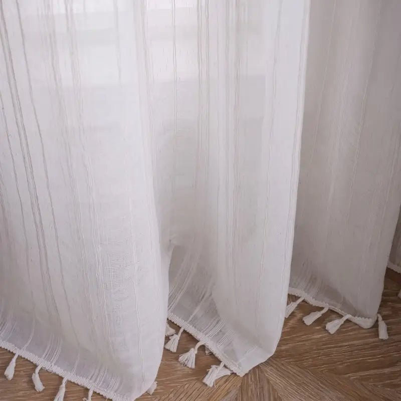 Boho White Tassel Trimmed Sheer Curtains