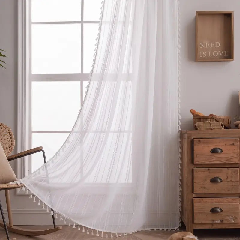 Boho witte transparante gordijnen met kwastjesrand Secundaire afbeelding