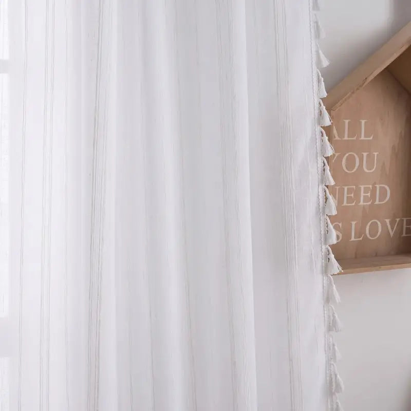 Boho White Tassel Trimmed Sheer Curtains