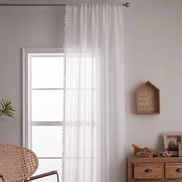 Boho White Tassel Trimmed Sheer Curtains