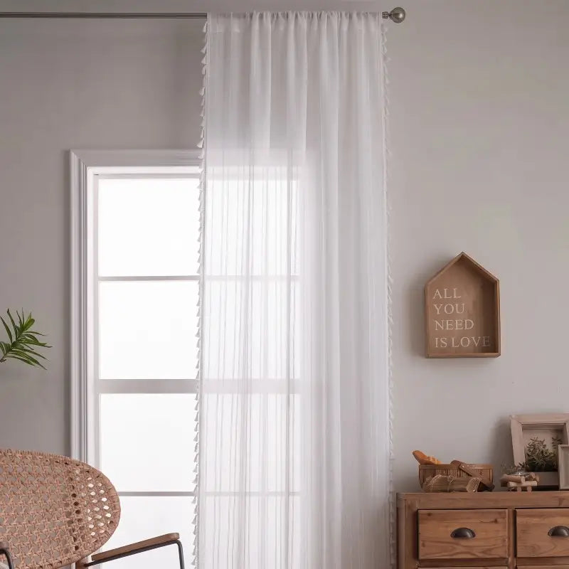 Boho witte transparante gordijnen met kwastjesrand Hoofdafbeelding