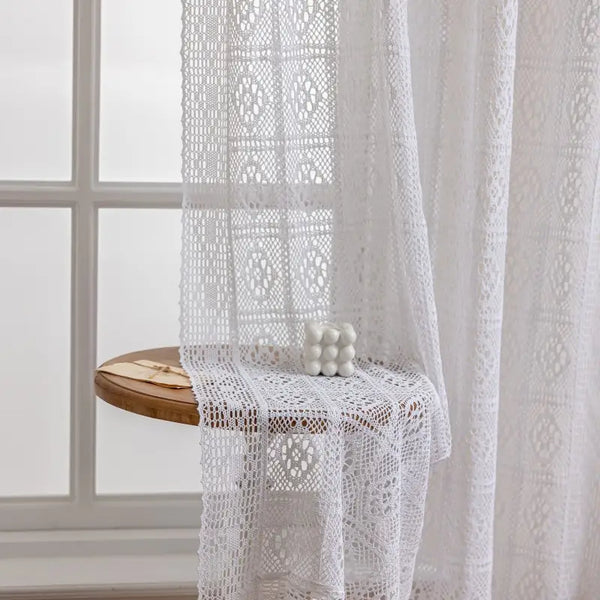 Boho White Crochet Lace Sheer Window Curtains