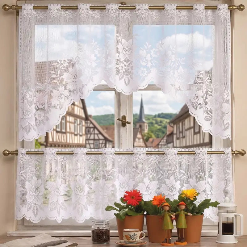 White Floral Lace Kitchen Cafe Curtains