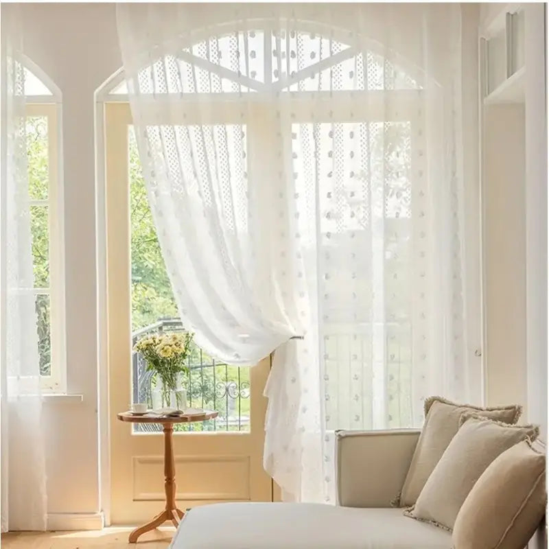 White Tufted Pom Pom Sheer Curtains Main image