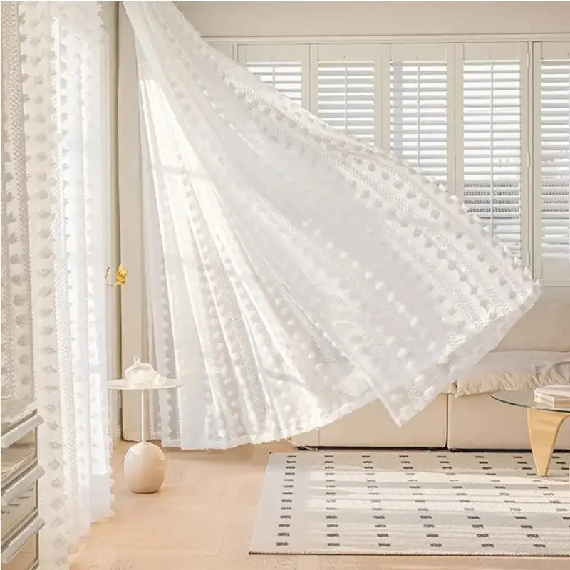 White Tufted Pom Pom Sheer Curtains