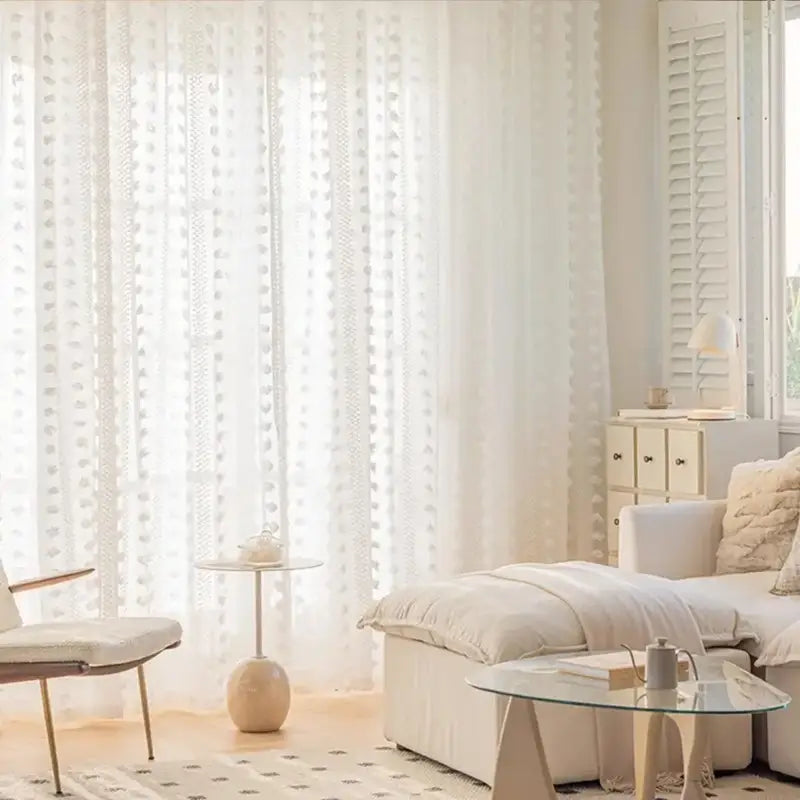 White Tufted Pom Pom Sheer Curtains