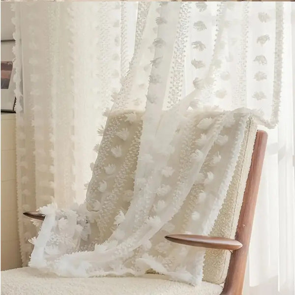 White Tufted Pom Pom Sheer Curtains